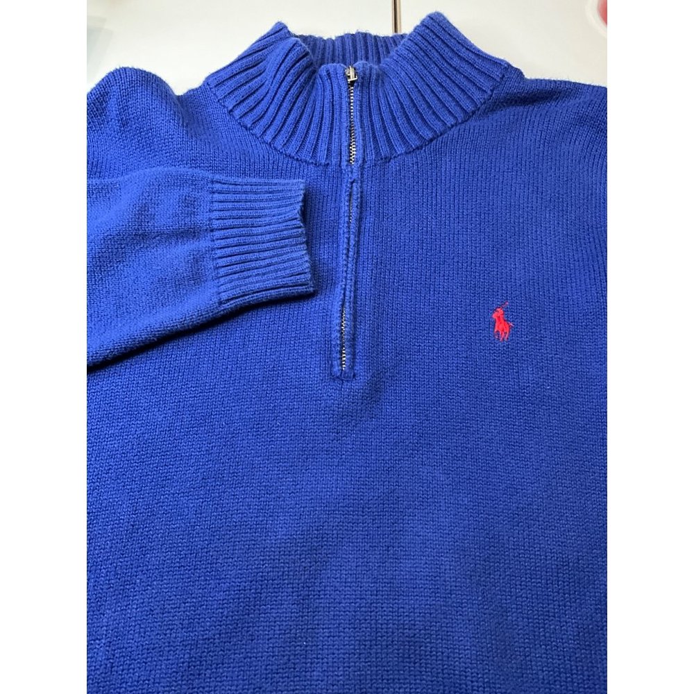Polo Ralph Lauren Bright‎ Blue Sweater Large 1/4 Zip Missing Leather Pull